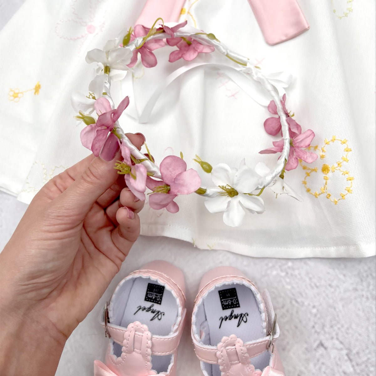 komplet vjenčić, haljina i cipelice za bebe