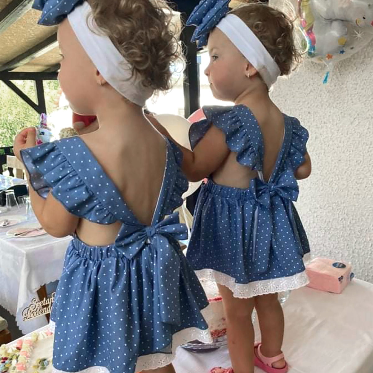 plave polka haljine za blizanke