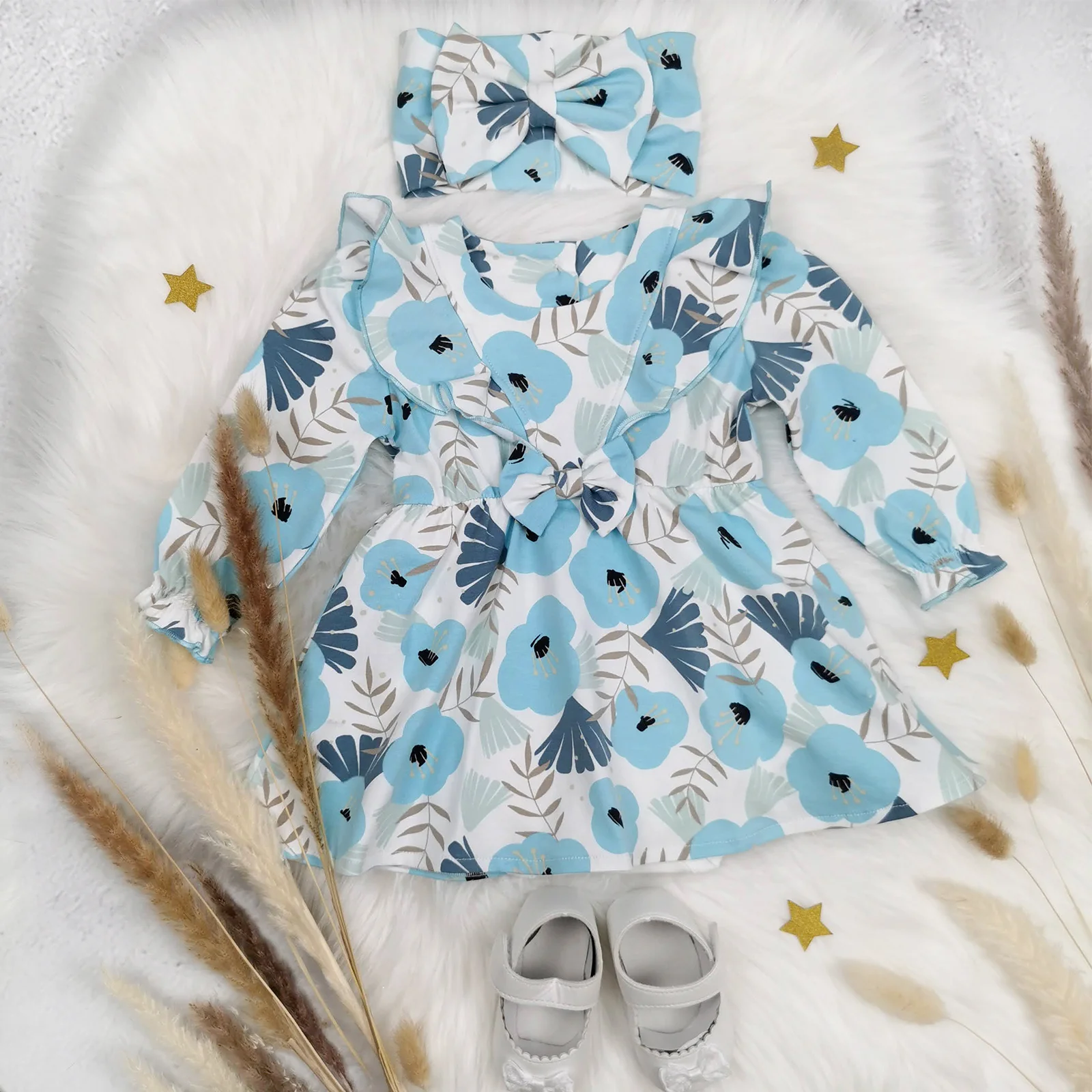 plava cvjetna volan haljina za bebe i djevojčice